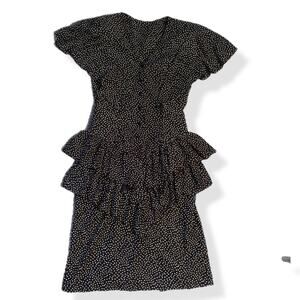 80s black and white polka dot low waisted dress with ruffle details  (10)